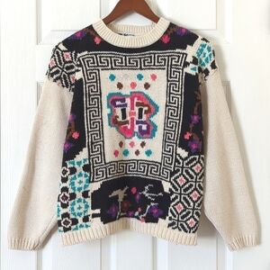 My 90's Vintage Funky Multicolored Abstract Knit Chunky Crewneck Sweater Cream M